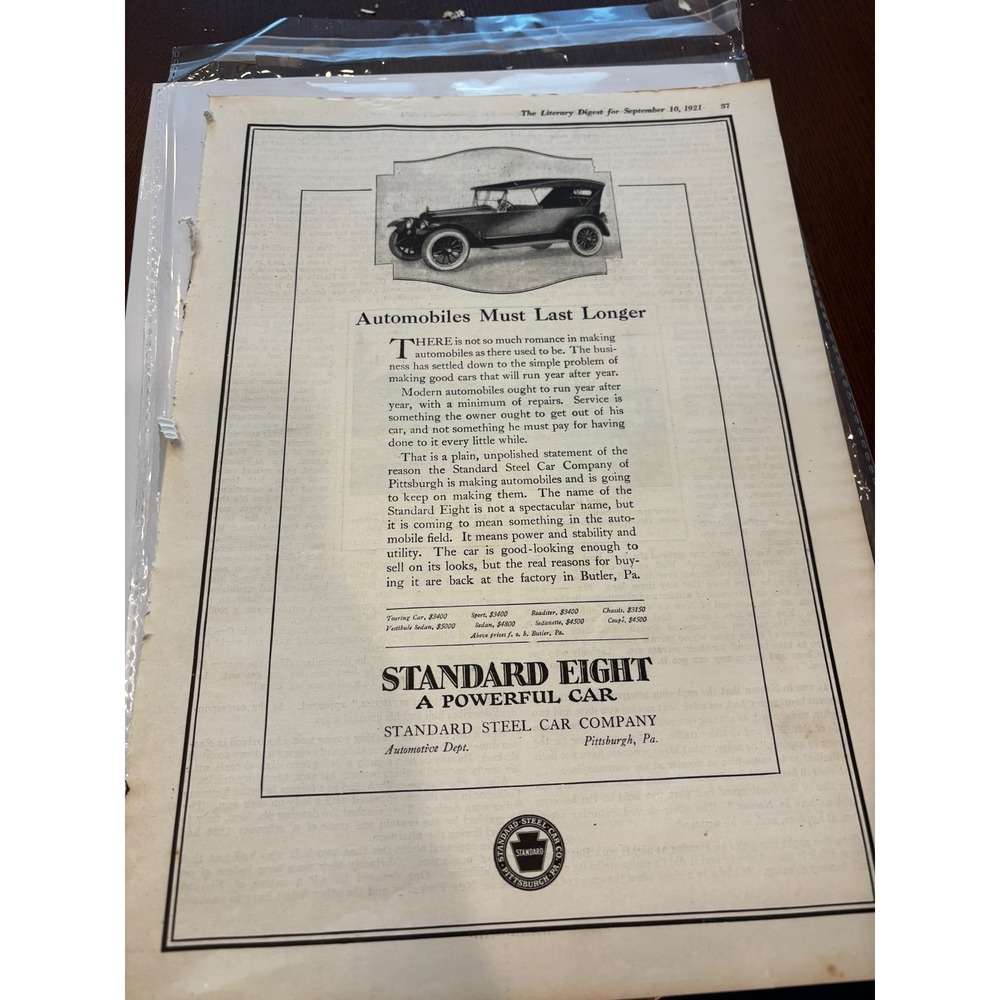 Standard Eight Print Ad 1921 Black White Vintage Automotive Decor Ephemera